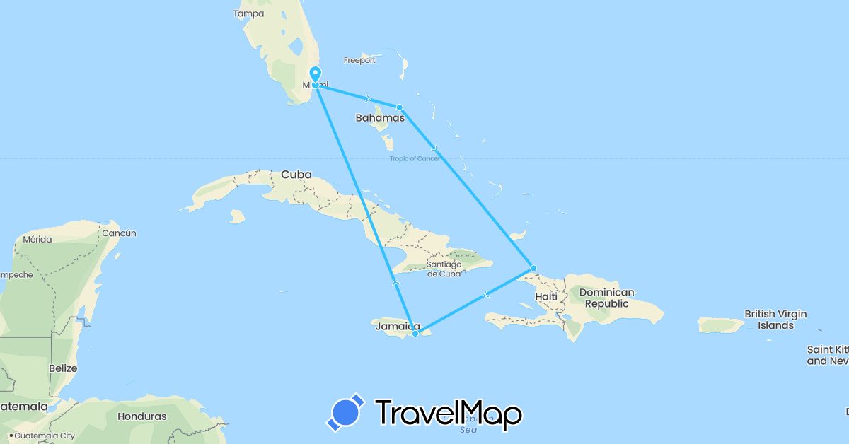 TravelMap itinerary: driving, boat in Bahamas, Haiti, Jamaica, United States (North America)